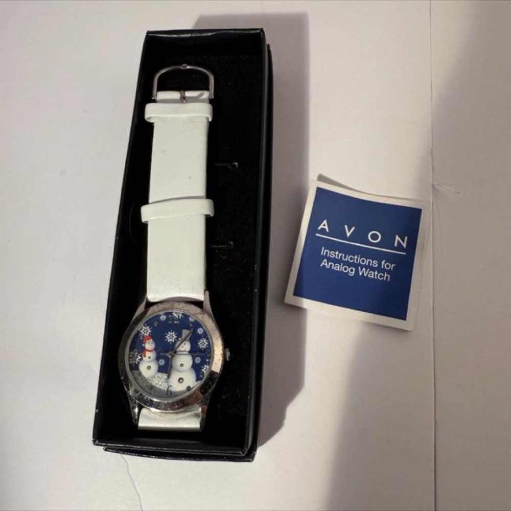 Avon Christmas Watch Snowman Snowflake Design White Strap Silver Tone NEW